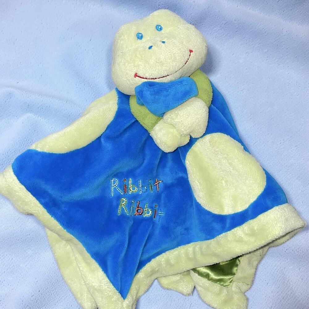 Okie Dokie Frog Lovey Security Blanket Ribbit Ribbit Green Plush Satin Backing